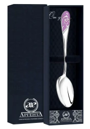 Серебряная чайная ложка «Кружевные узоры» с эмалью Сиреневые цветы