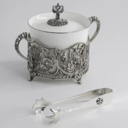 Серебряная сахарница и щипцы «Герб» с чернением