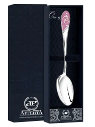 Серебряная чайная ложка «Кружевные узоры» с розовой эмалью